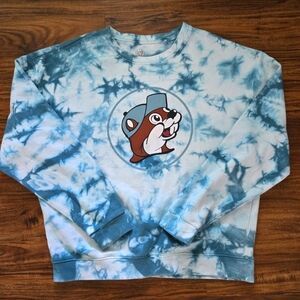 Buc-ee's Beaver Logo Teal/White Tie Dye Women L Crew Neck Sweatshirt Long Sleeve